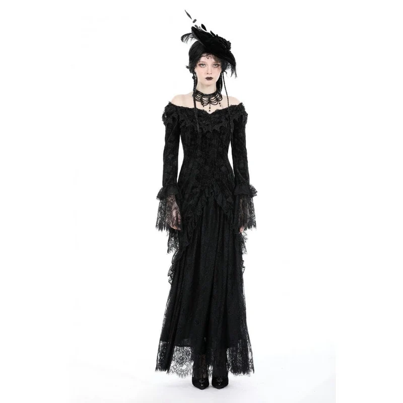 Gothic-Kleid für Damen, schulterfrei, mit Spitze und Samtbesatz, Hochzeitskleid