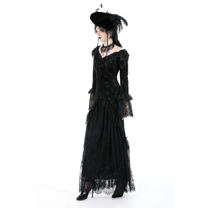 Gothic-Kleid für Damen, schulterfrei, mit Spitze und Samtbesatz, Hochzeitskleid