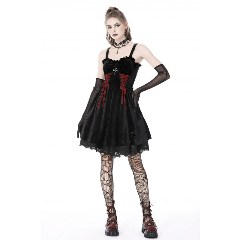 Gothic-Riemchen-Kreuz-Samt-Schlupfkleid für Damen