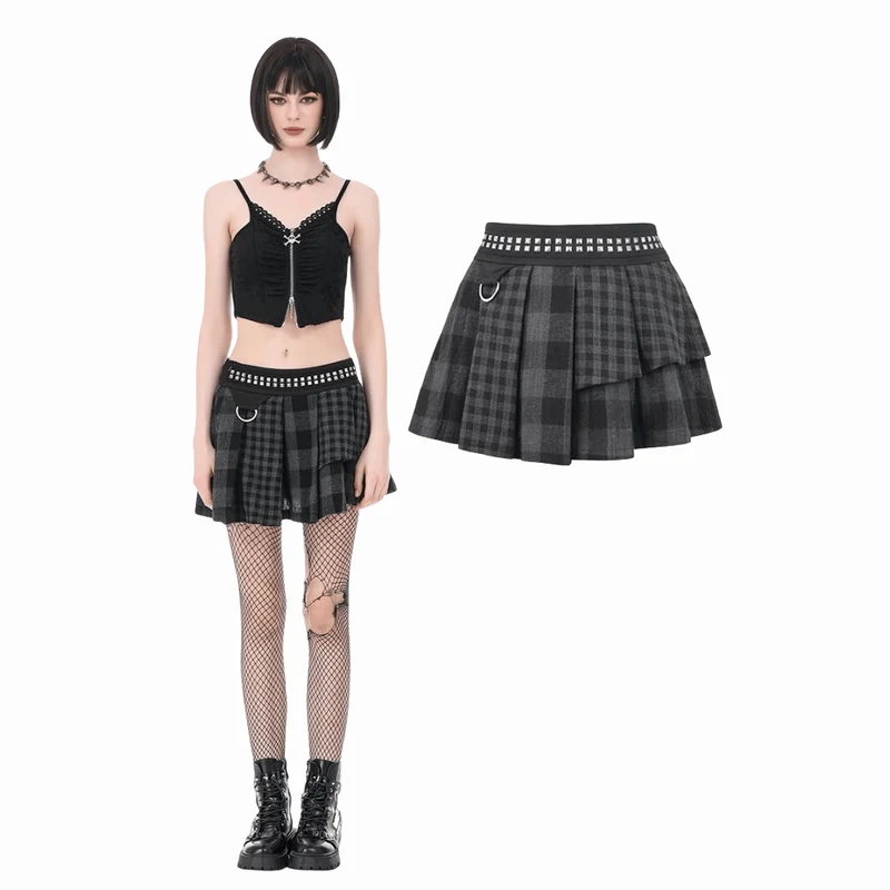 Punk-Nieten-Karo-Rock für Damen, asymmetrisch