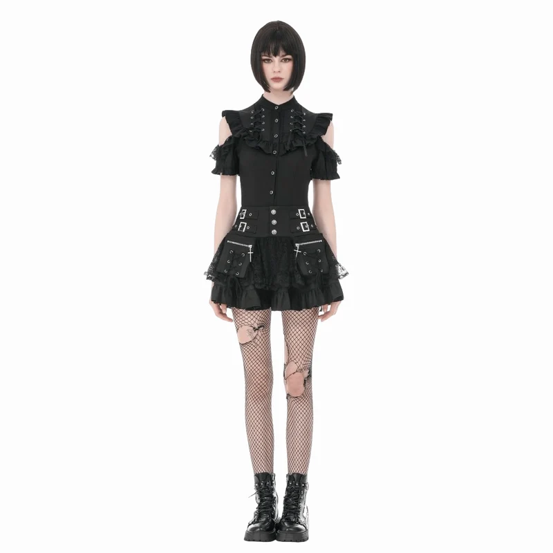 Punk-Minirock für Damen mit gekreuzten Schnürdetails, Taschen und Rüschen