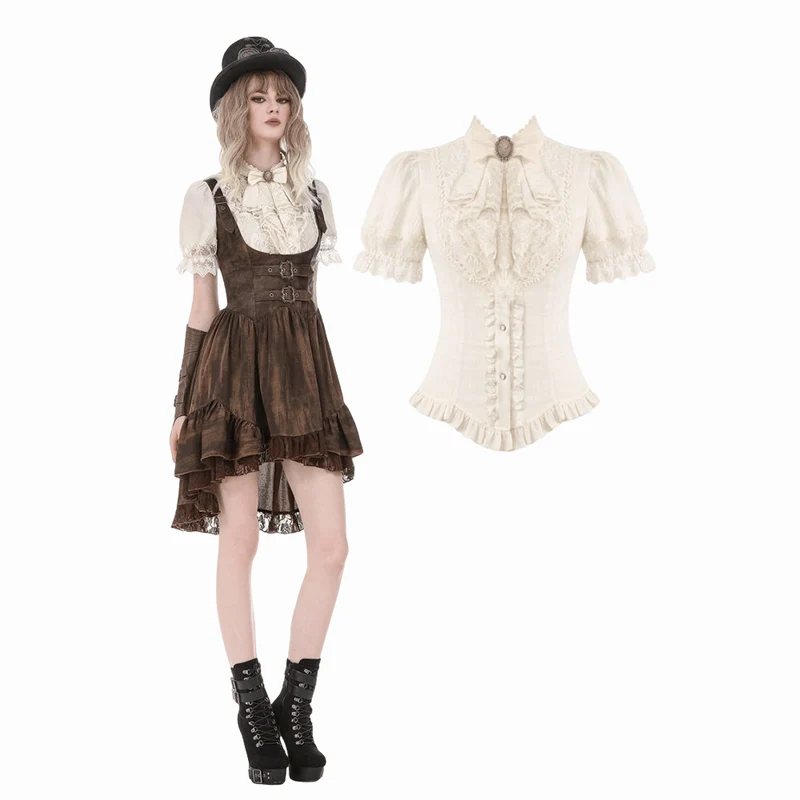 Steampunk-Damenbluse mit Spitzenbesatz, Schnürung und Puffärmeln