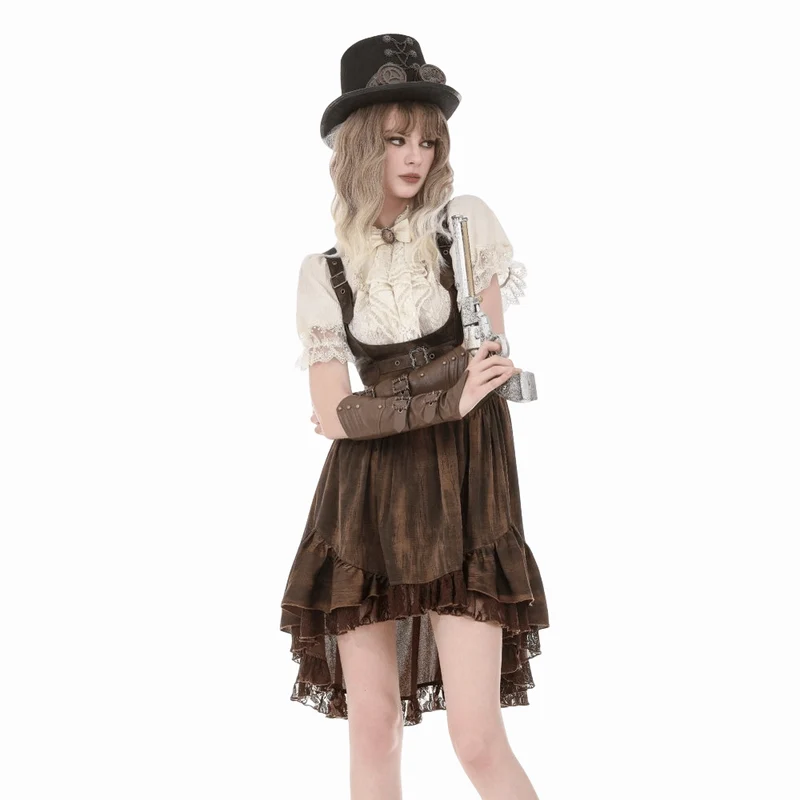 Steampunk-Damenbluse mit Spitzenbesatz, Schnürung und Puffärmeln