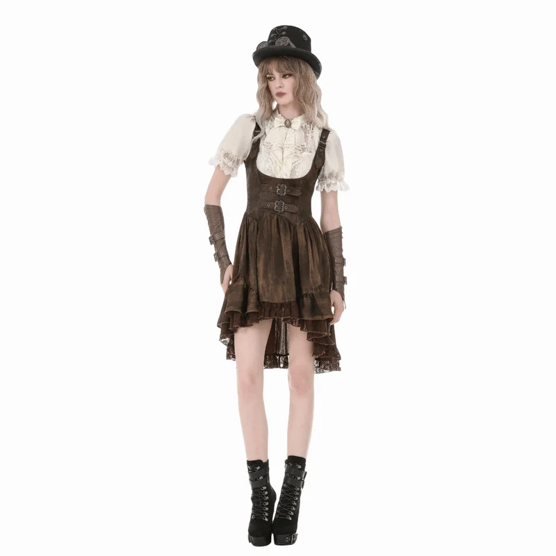 Steampunk-Damenbluse mit Spitzenbesatz, Schnürung und Puffärmeln