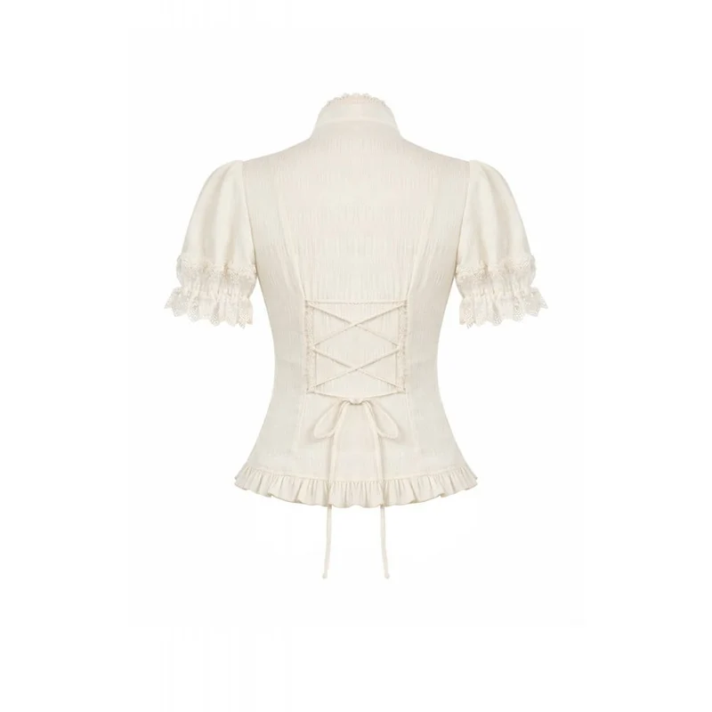 Steampunk-Damenbluse mit Spitzenbesatz, Schnürung und Puffärmeln