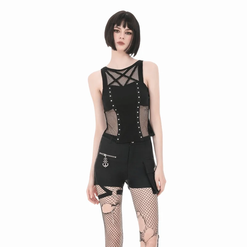 Punk-Tanktop mit Nieten und Pentagramm-Einsätzen aus Mesh für Damen