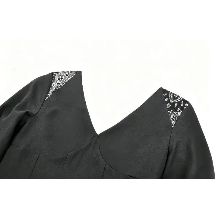 Gothic-Damenbluse mit floralem Spitzen-Patchwork und tiefem Ausschnitt, langen Ärmeln