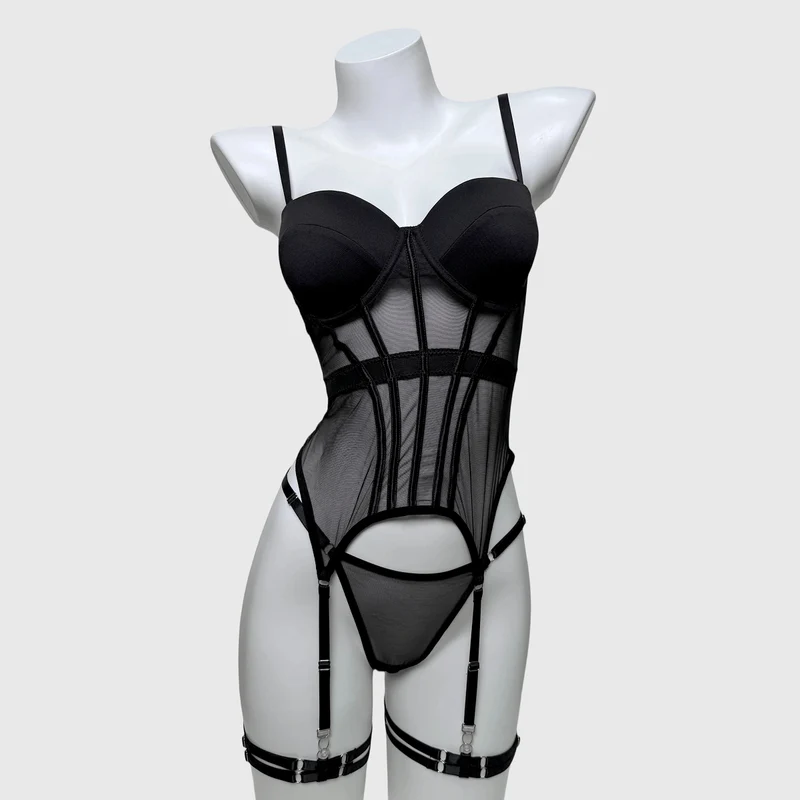 Sexy Dessous-Set aus transparentem Grunge-Mesh für Damen mit Strumpfband