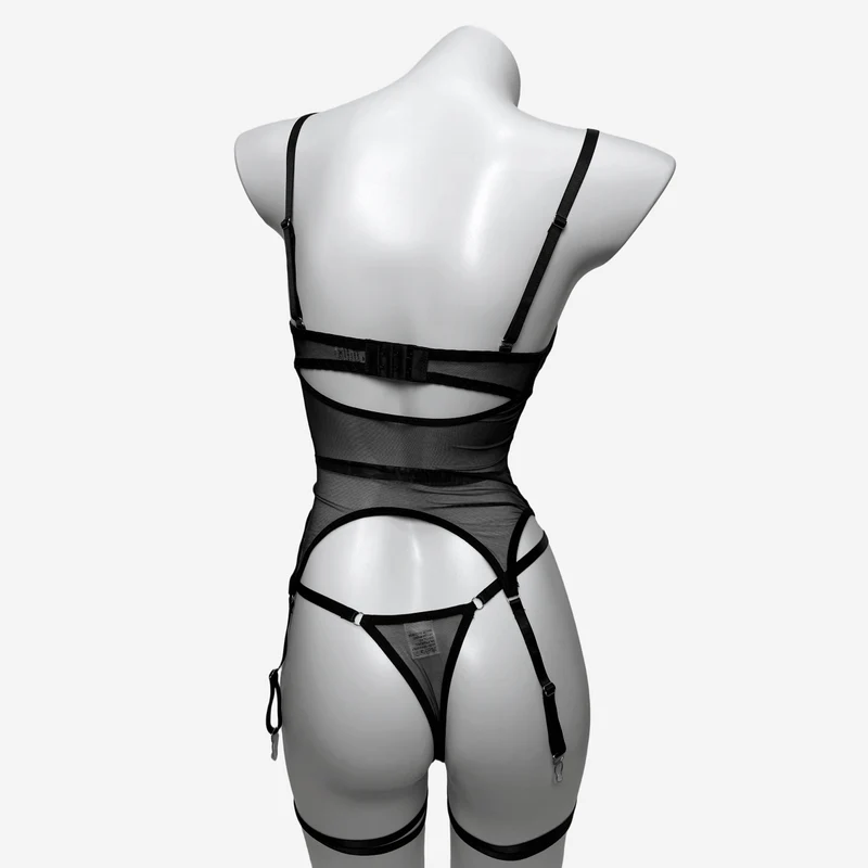 Sexy Dessous-Set aus transparentem Grunge-Mesh für Damen mit Strumpfband