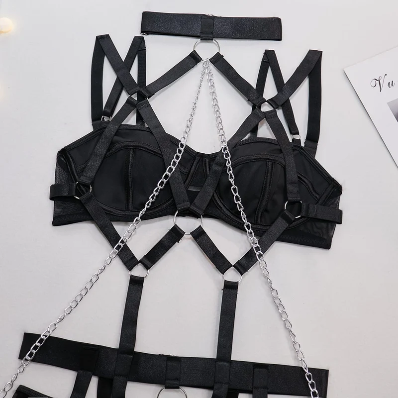 Grunge-Kettenring-Choker-Set für Damen, sexy Harness-Dessous-Set