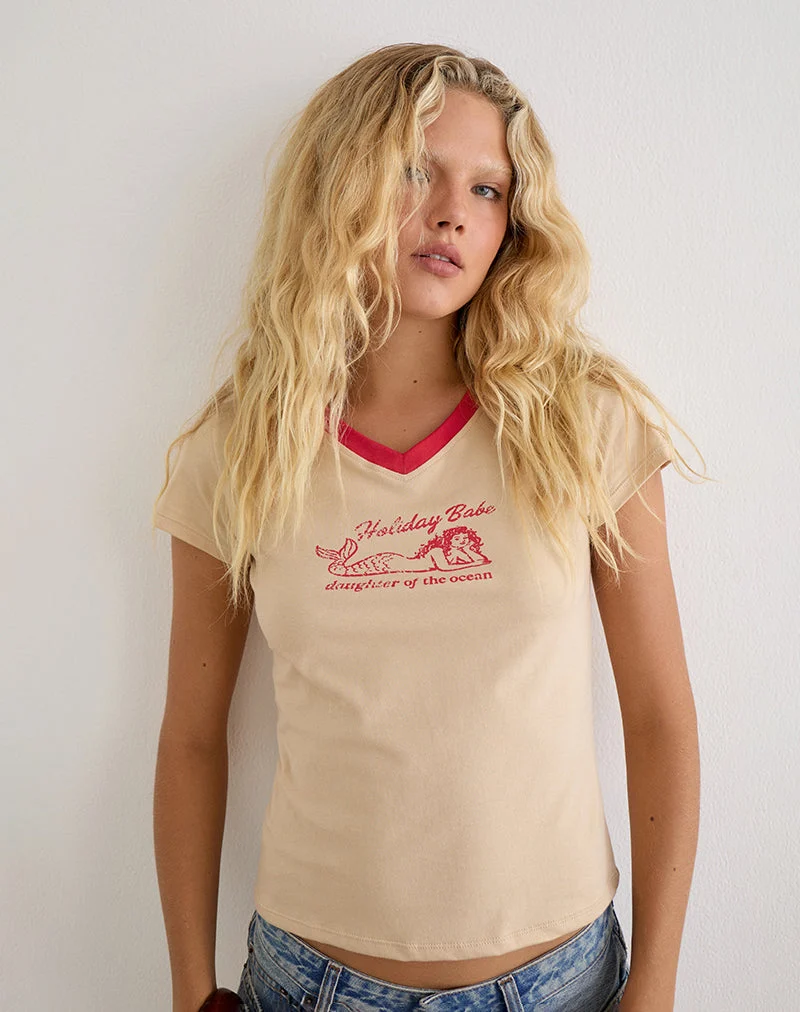 Parman-Oberteil in Beige mit rotem Rand und Meerjungfrauen-Motiv