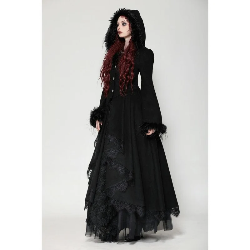 Romantischer Gothic-Mantel mit Spitzenknöpfen und Kapuze für Damen