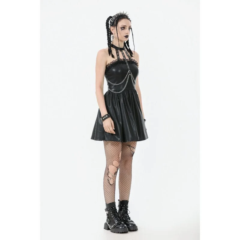 Damen Punk Metallkette Kunstleder Neckholderkleid
