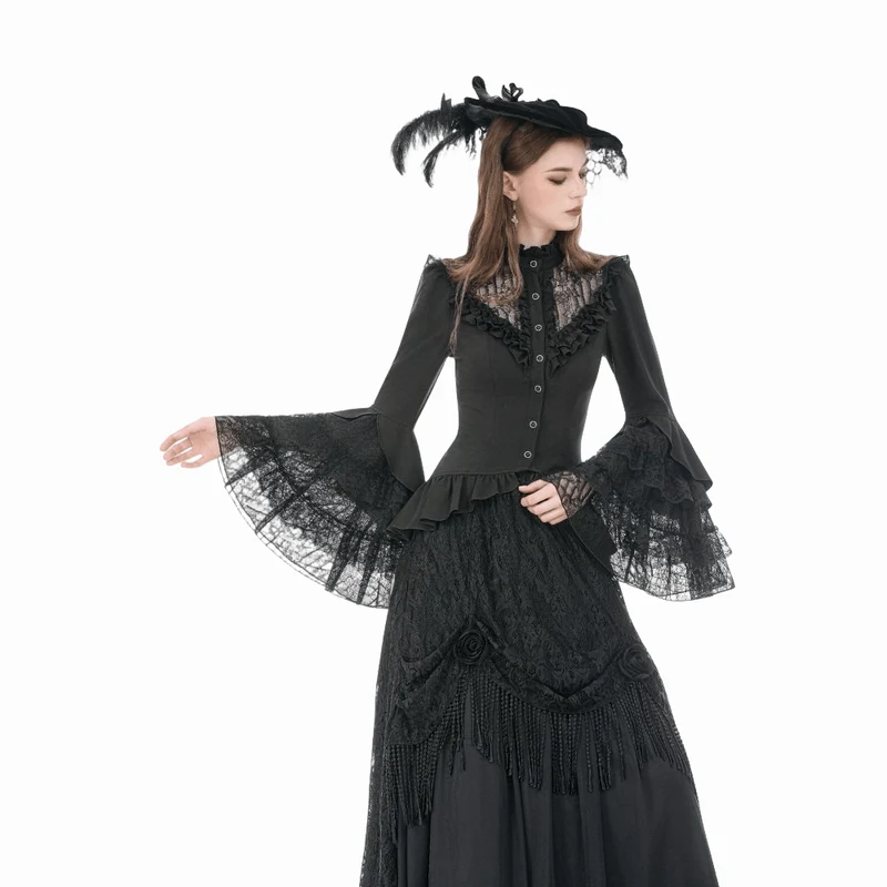 Gothic-Damenbluse mit Spitzenbesatz, Rüschen und Stehkragen