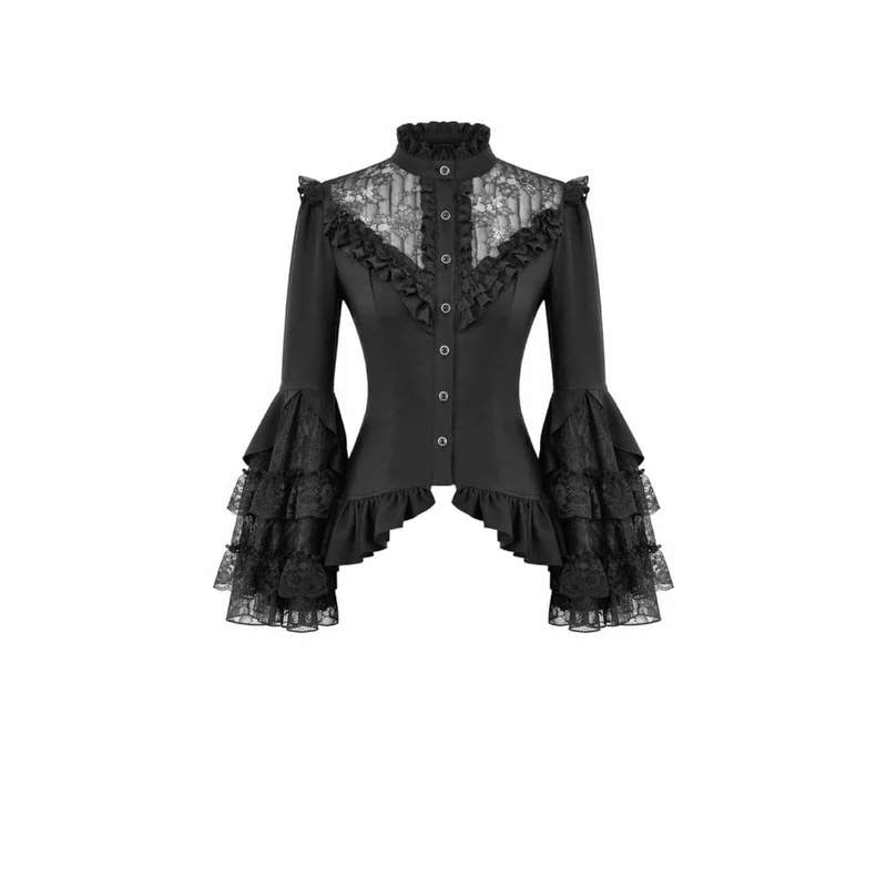 Gothic-Damenbluse mit Spitzenbesatz, Rüschen und Stehkragen