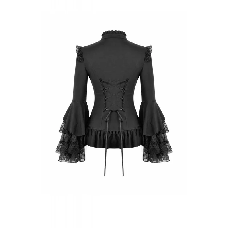 Gothic-Damenbluse mit Spitzenbesatz, Rüschen und Stehkragen