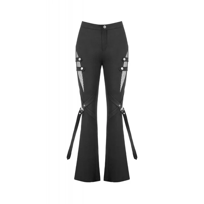 Punk-Schlaghose für Damen mit Schnallenriemen, Mesh-Patchwork-Einsätzen