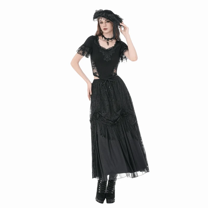 Gothic-T-Shirt für Damen mit Spitzenstickerei, eckigem Kragen und kurzen Ärmeln
