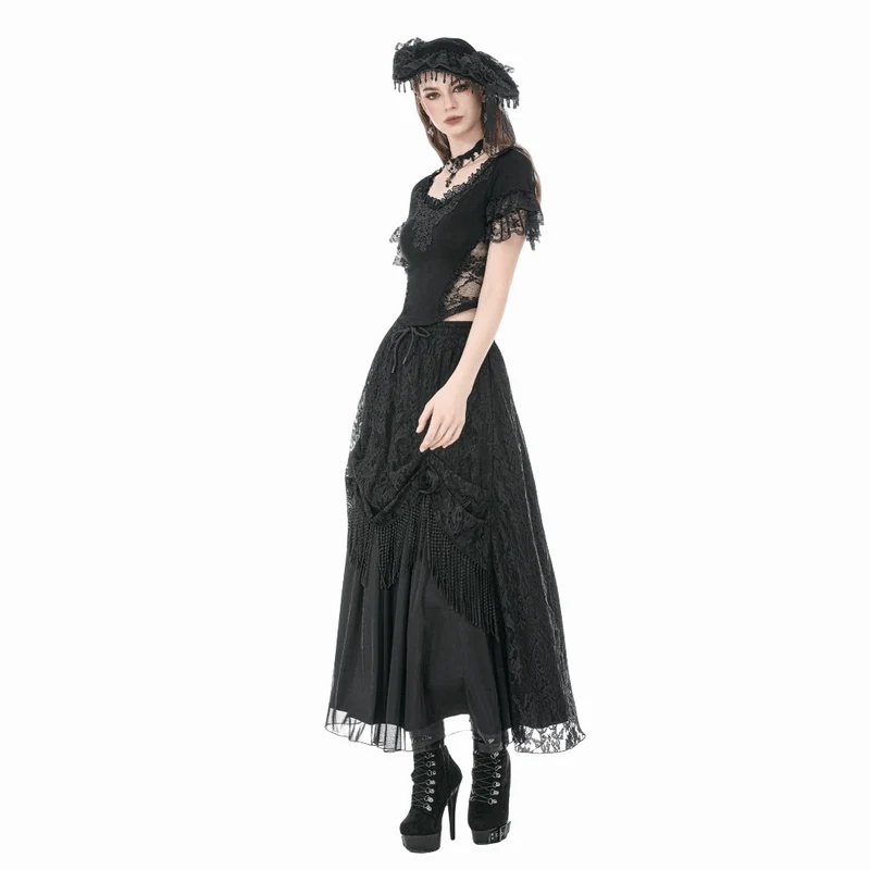 Gothic-T-Shirt für Damen mit Spitzenstickerei, eckigem Kragen und kurzen Ärmeln