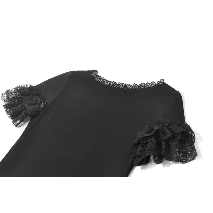 Gothic-T-Shirt für Damen mit Spitzenstickerei, eckigem Kragen und kurzen Ärmeln