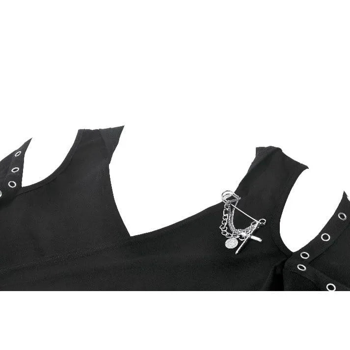 Punkiges Damen-Crop-Top mit Ösen, Kapuze, langen Ärmeln und abnehmbarer Brosche
