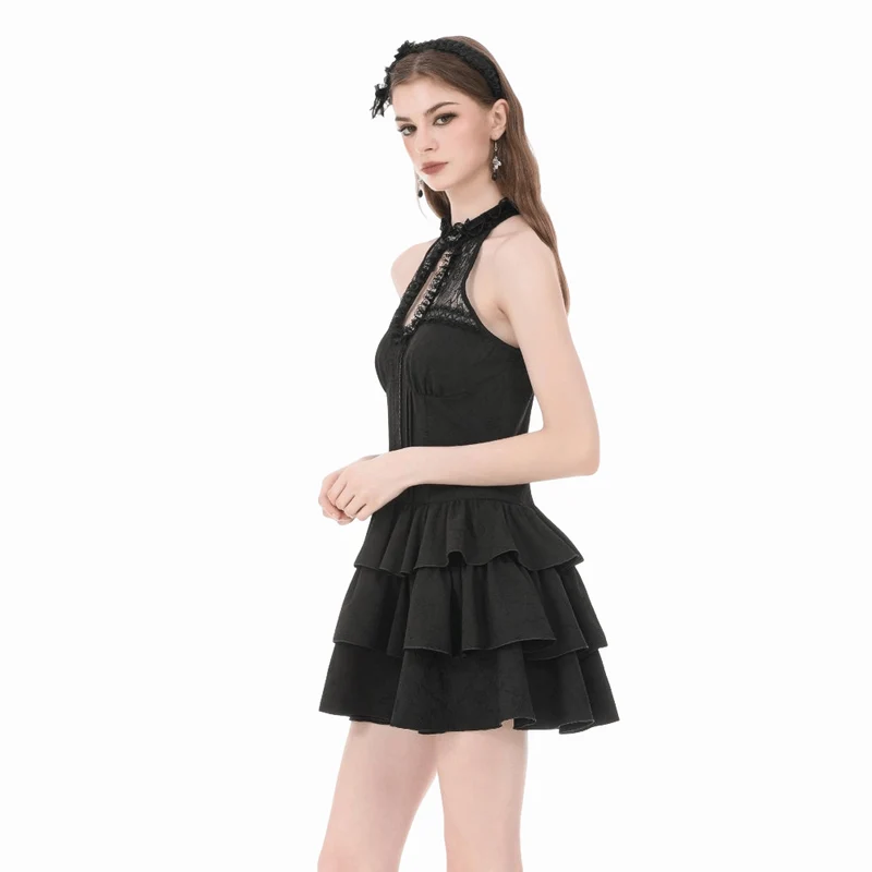 Gothic-Damenkleid mit mehreren Lagen, Rüschen und Cut-outs, Neckholder