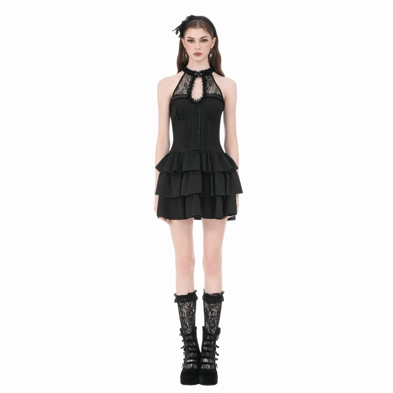 Gothic-Damenkleid mit mehreren Lagen, Rüschen und Cut-outs, Neckholder