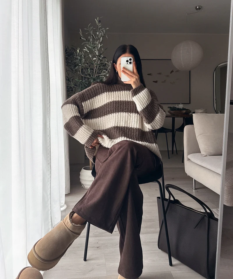 Rollkragen Pullover Tanny Streifen Braun Beige