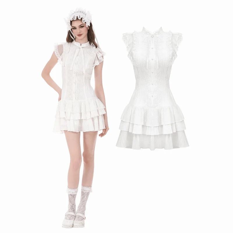 Weißes, gotisches Damenkleid mit Lagenrock, Rüschen und Spitzeneinsatz