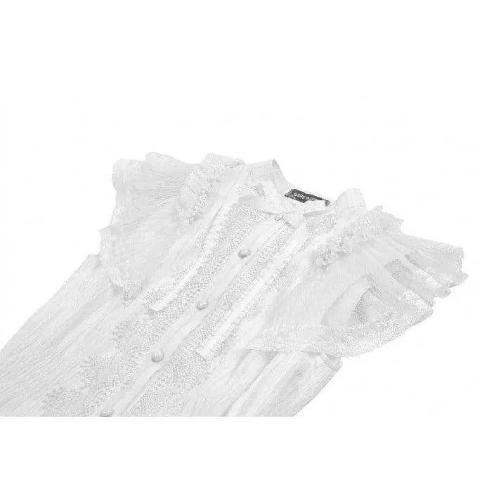 Weißes, gotisches Damenkleid mit Lagenrock, Rüschen und Spitzeneinsatz