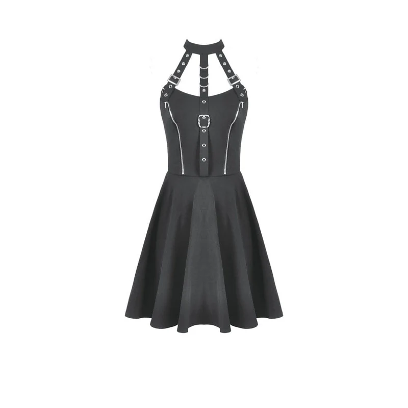 Punk-Neckholderkleid für Damen mit Schnallenriemen, Reißverschlüssen und Trägern