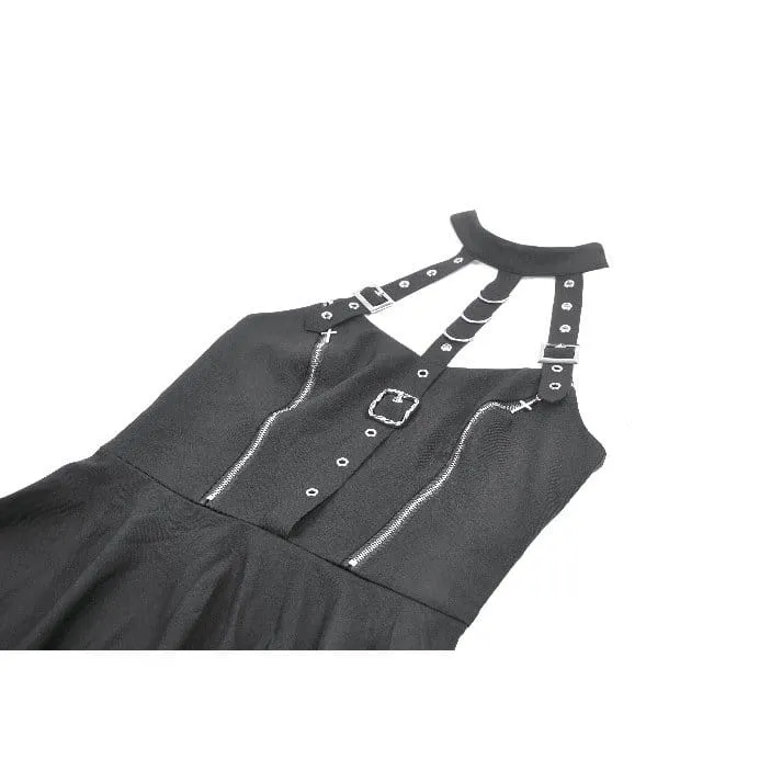 Punk-Neckholderkleid für Damen mit Schnallenriemen, Reißverschlüssen und Trägern