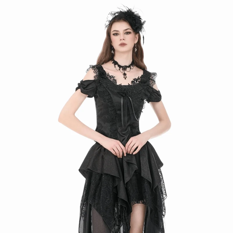 Gothic-Jacquard-Kurzarmhemd mit Rosenausschnitt für Damen