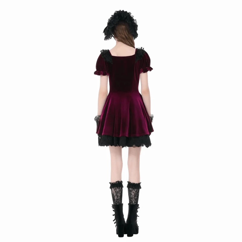 Gothic-Samtkleid für Damen mit Spitzenbesatz, eckigem Kragen und Abschlusskleid