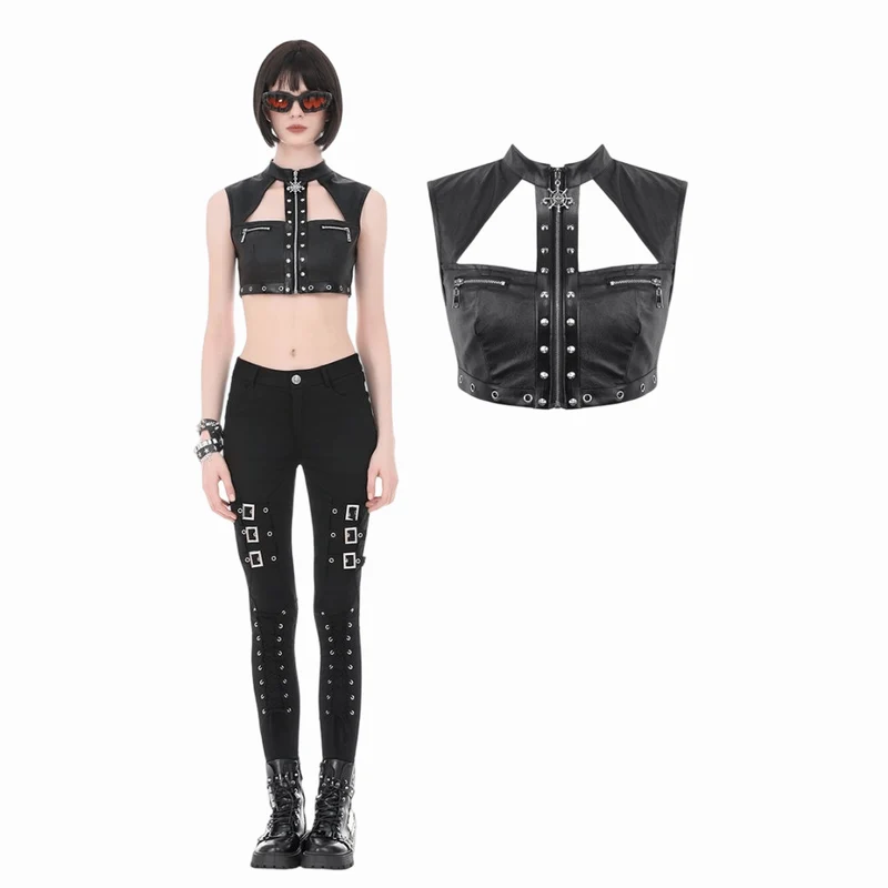 Punk-Crop-Top für Damen mit Ösen, Nieten, Cut-outs und Reißverschluss