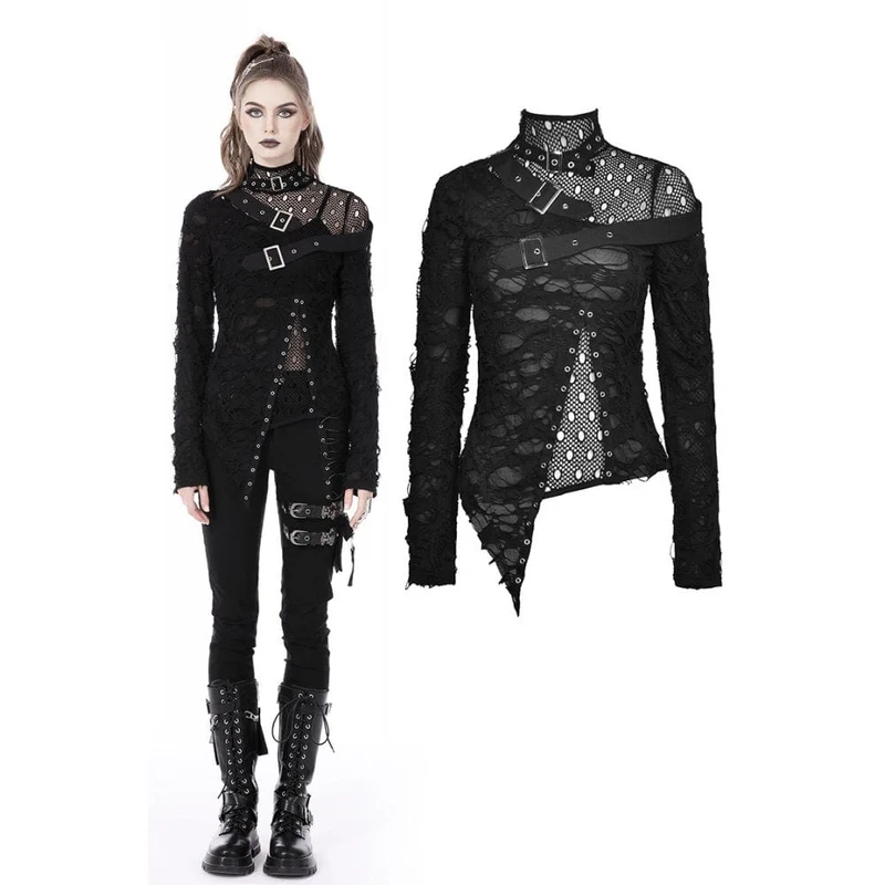 Damen-Punk-Shirt mit unregelmäßigem, zerrissenem Netzspleiß