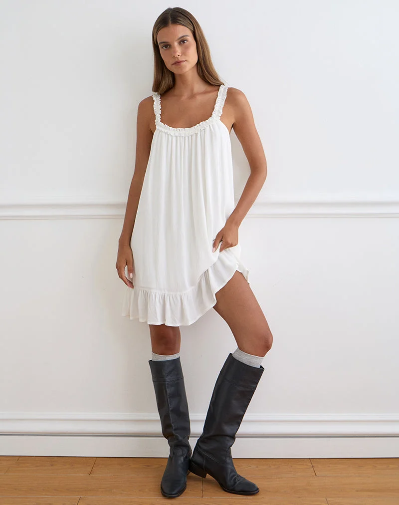 Elowen-Minikleid mit Rüschen in cremefarbenem Crinkle-Stoff