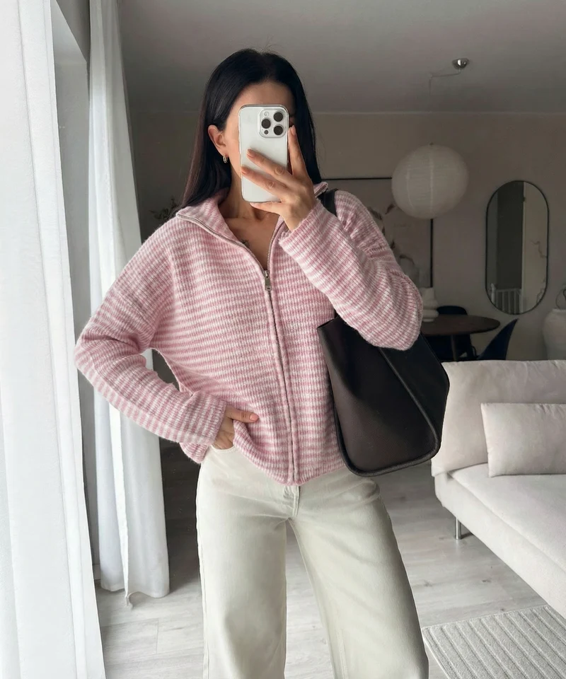Zip Strickjacke Helena Streifen Rosa