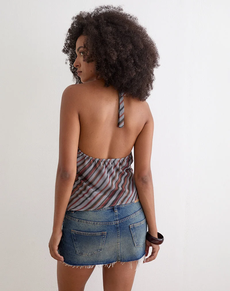 Astina-Halter-Top aus Chiffon mit diagonalen Streifen in Grau und Bordeauxrot