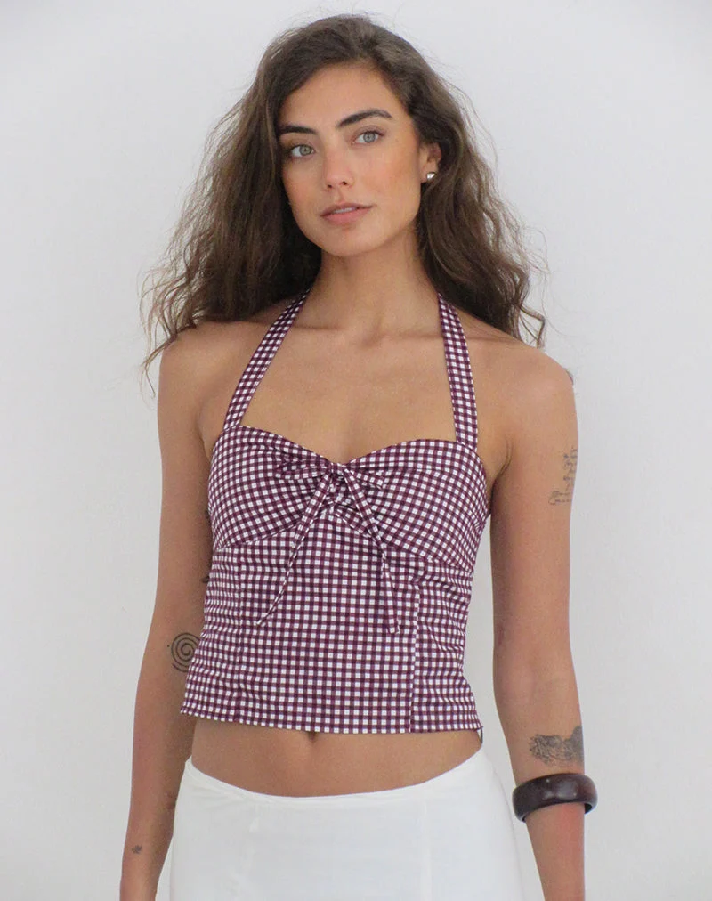 Kampi-Halter-Top in Mini-Gingham, Weinrot