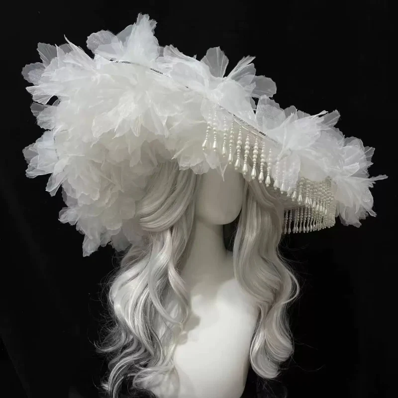Gothic-Hut aus Organza mit Blumenmuster und breiter Krempe für Damen