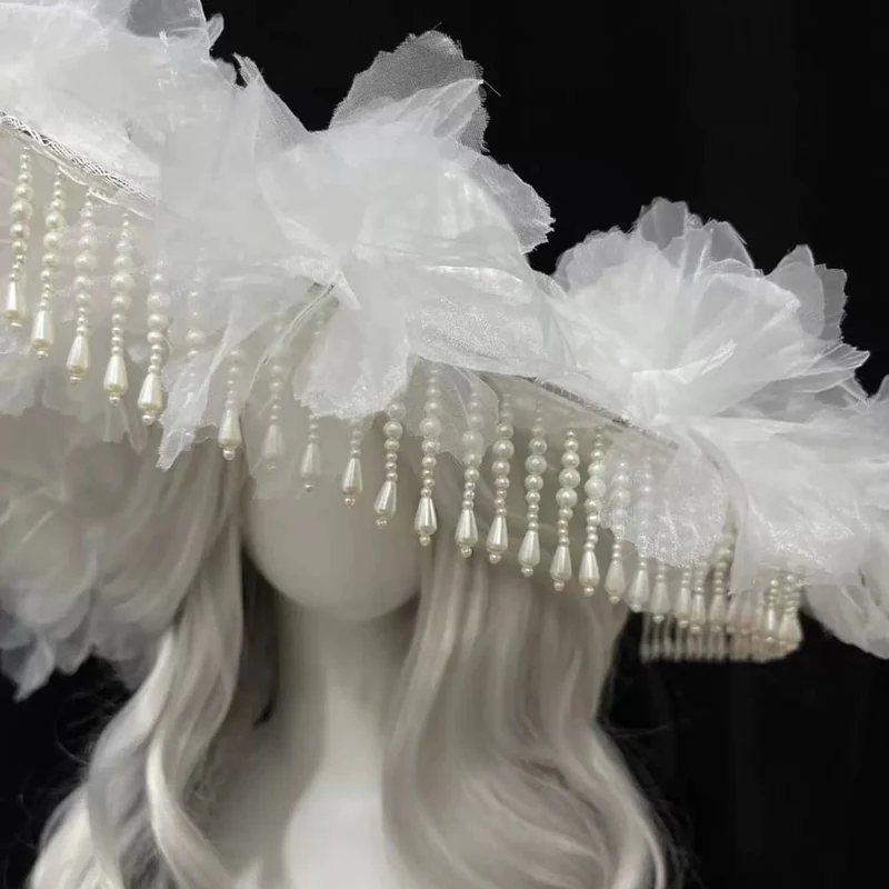 Gothic-Hut aus Organza mit Blumenmuster und breiter Krempe für Damen