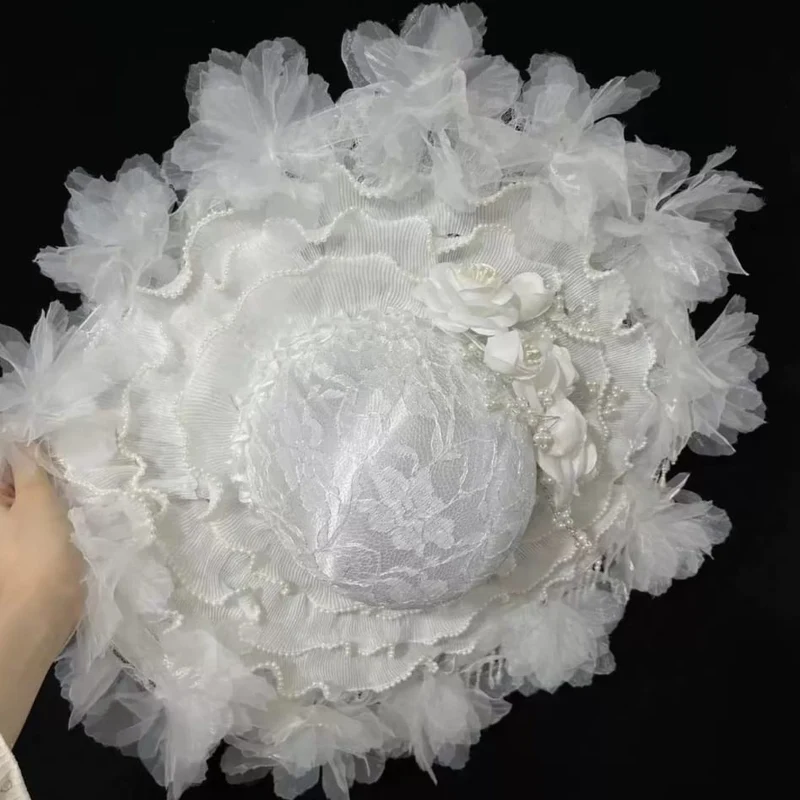 Gothic-Hut aus Organza mit Blumenmuster und breiter Krempe für Damen