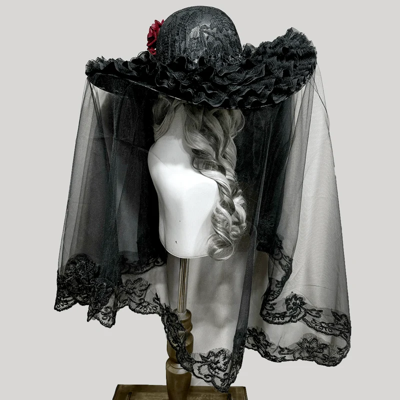 Gothic-Hut für Damen mit breiter Krempe und Schleier, Rosenmuster