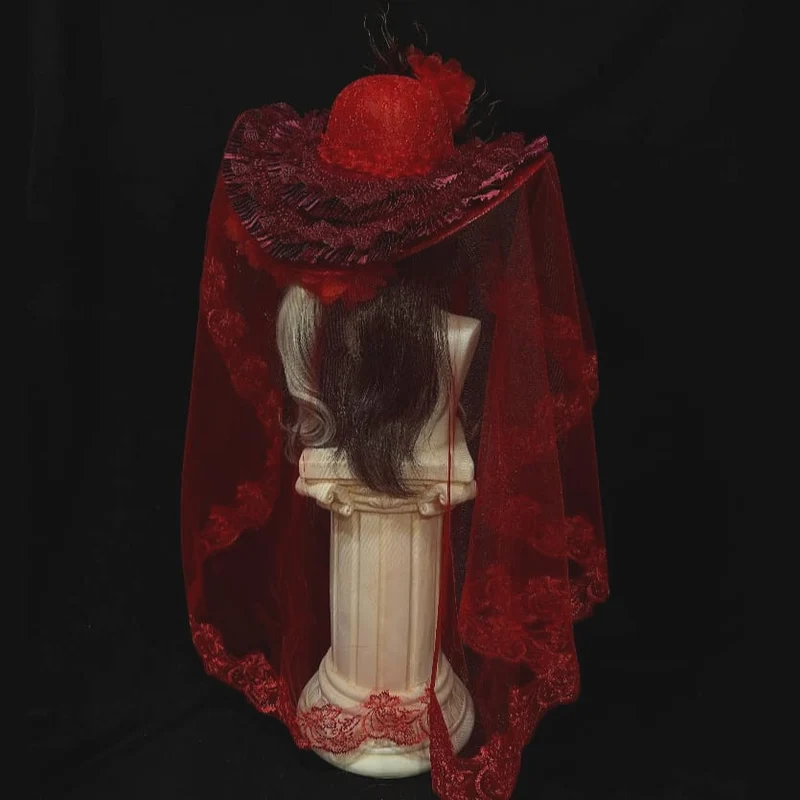 Gothic-Hut für Damen mit Blumenmuster, Perlen, Quasten, breiter Krempe und Schleier