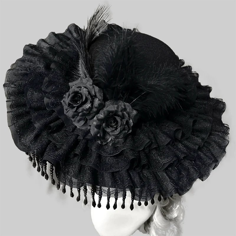 Gothic-Hut für Damen mit Blumenmuster und Federn, breiter Krempe
