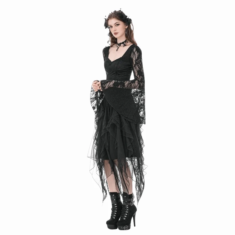 Gothic-Top für Damen mit eckigem Kragen, floraler Spitze und Glockenärmeln