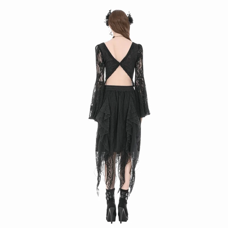 Gothic-Top für Damen mit eckigem Kragen, floraler Spitze und Glockenärmeln