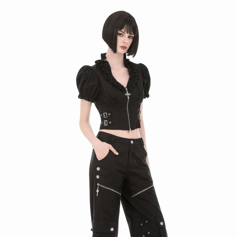 Punkiges, gerüschtes Kurzarm-Crop-Top mit tiefem Ausschnitt und Reißverschluss für Damen