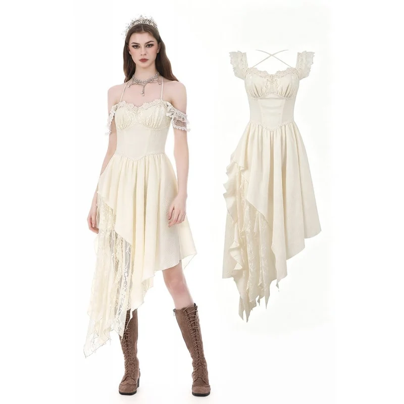 Gothic-Kleid für Damen mit Spitzen-Patchwork, Rüschen, asymmetrischem Schulterfrei-Design, Abschlusskleid